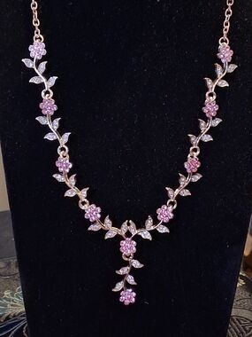 Pink Crystal Floral Vine Necklace 18" 14k Gold Tone Warm Rose Wear Bridal